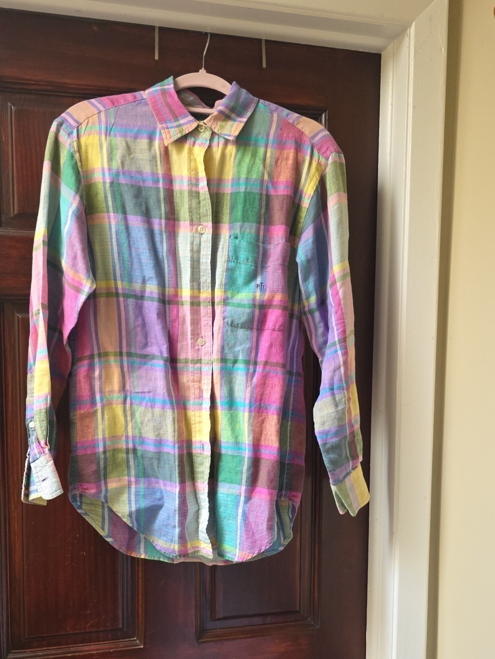 RL Womens Linen Multi-Color Madras Plaid Button-Down Shirt